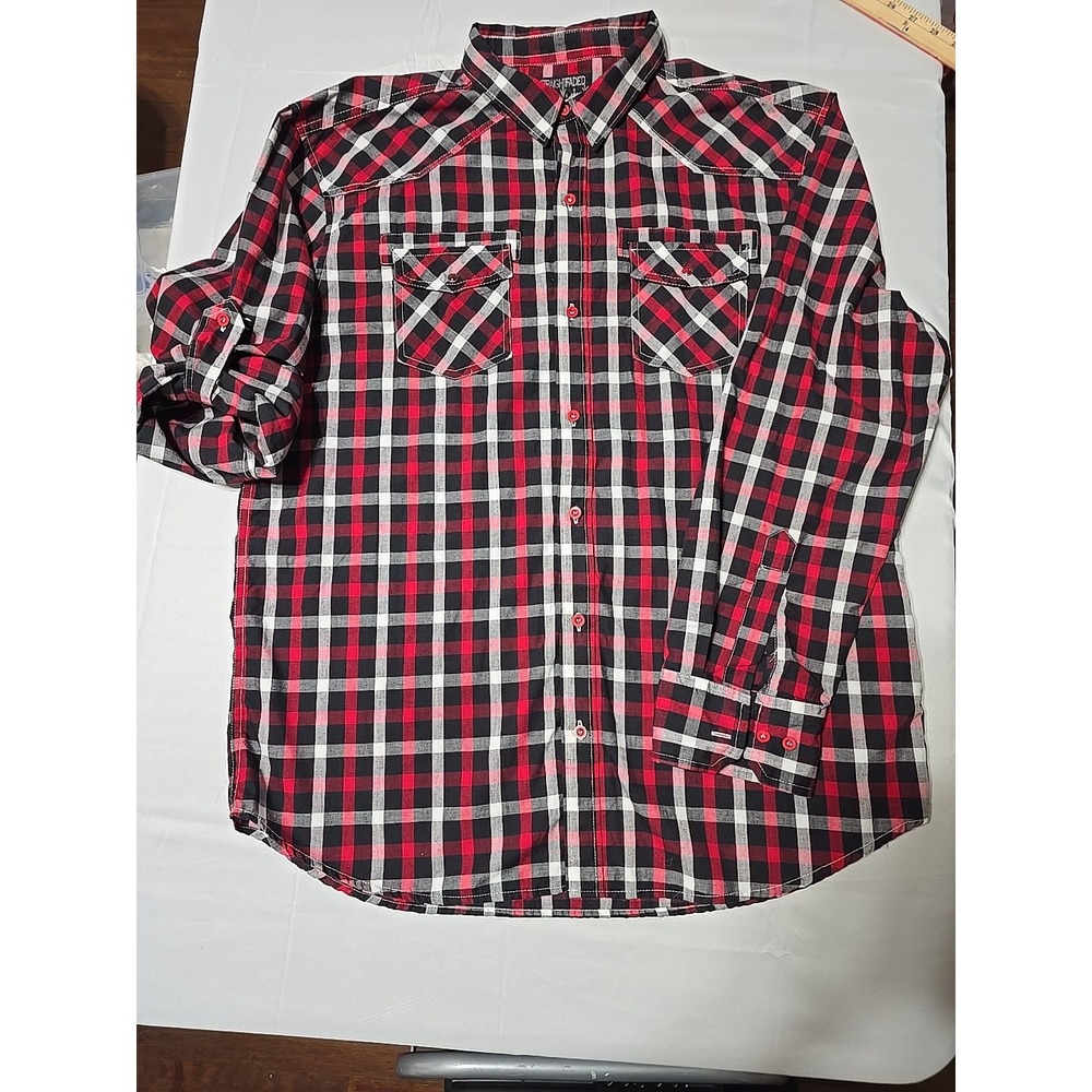 Straight Faded Men XL Red Black Plaid  Button Up Long Sleeve Shirt Western Rock‎